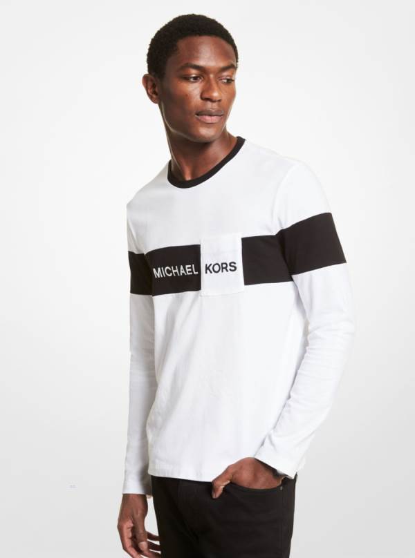 Panske Mikiny Michael Kors Logo Stripe Cotton Jersey Long-Sleeve Biele - Oblecenie Michael Kors Outlet | DHCPB-0462